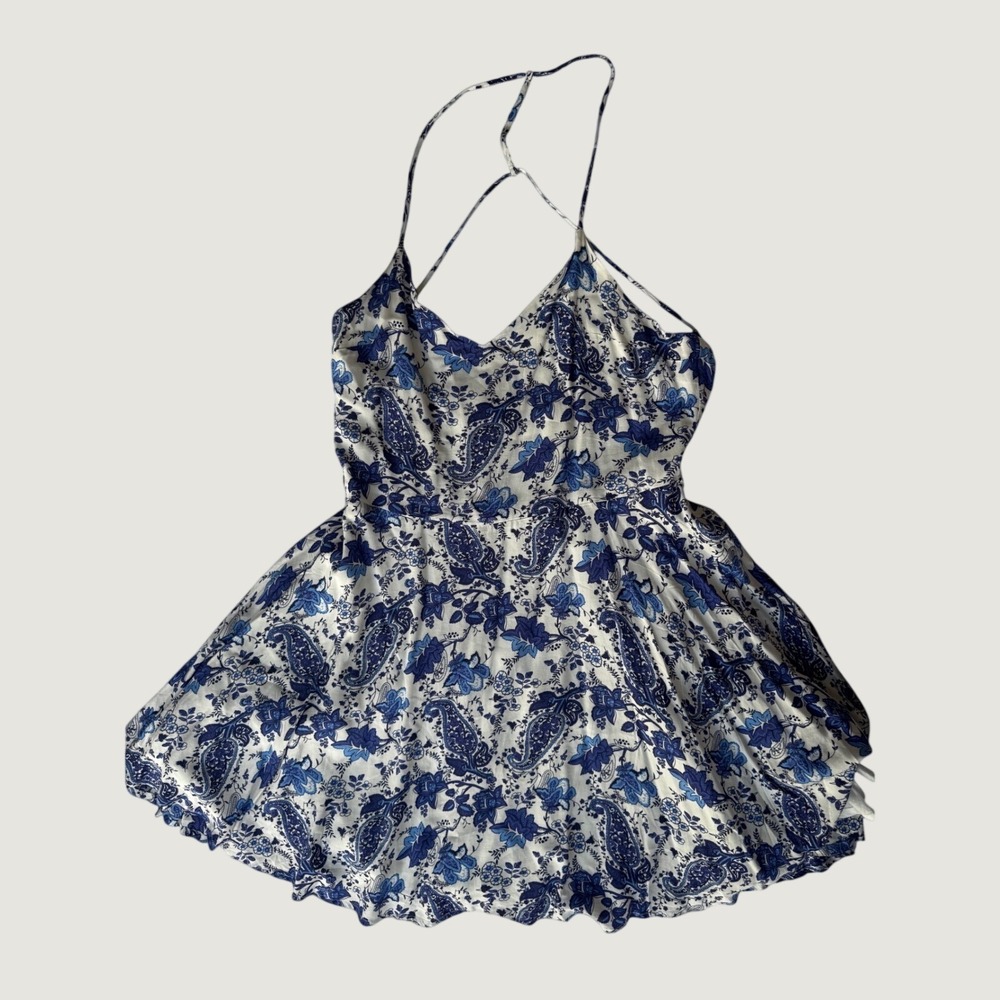Lulus Blue White Paisley Floral Strappy Back Skater Mini Dress Womens Large